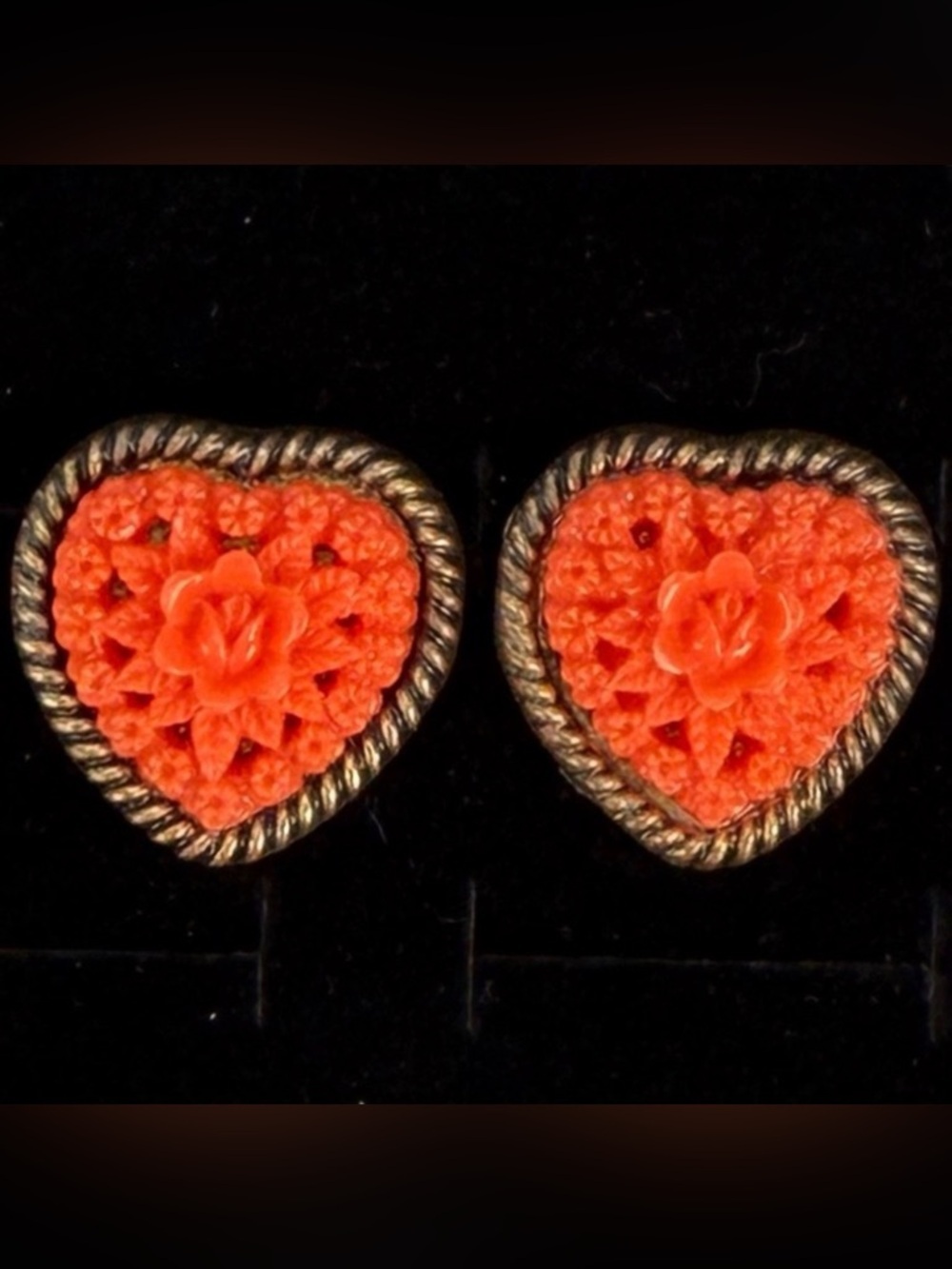 Beautiful, brass tone raised carved flower heart-shaped pierced earrings